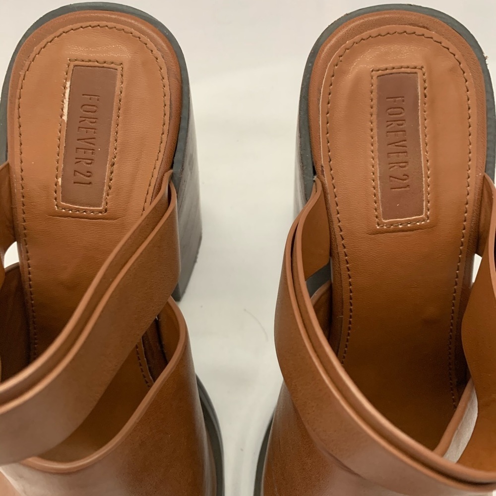 Forever 21 Cognac Peep Toe Leather Mules - Picture 2 of 10